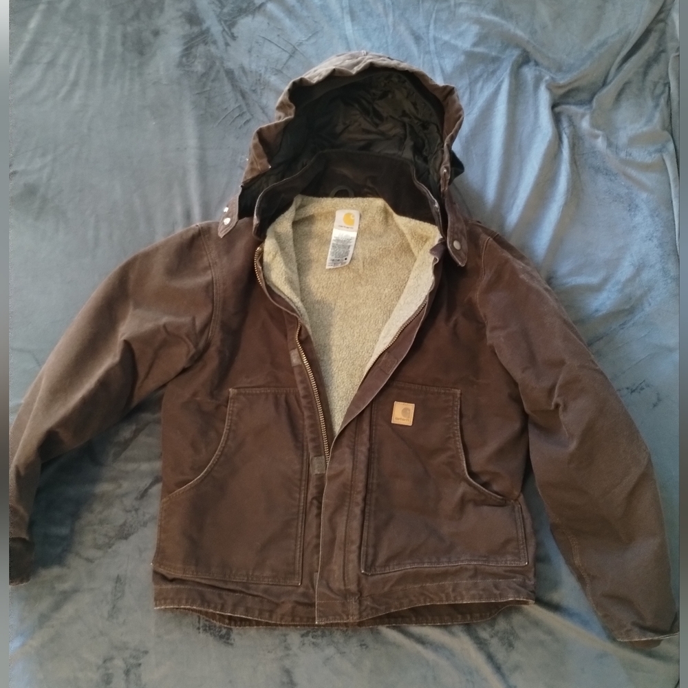 Carhartt Men’s fleece lined brown canvas work coat with hood medium